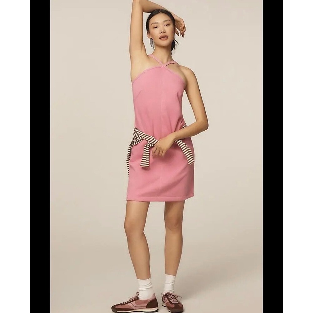 Daily Practice Anthropologie Pink Halter Sweatshirt Mini Dress Sz Small Pockets
